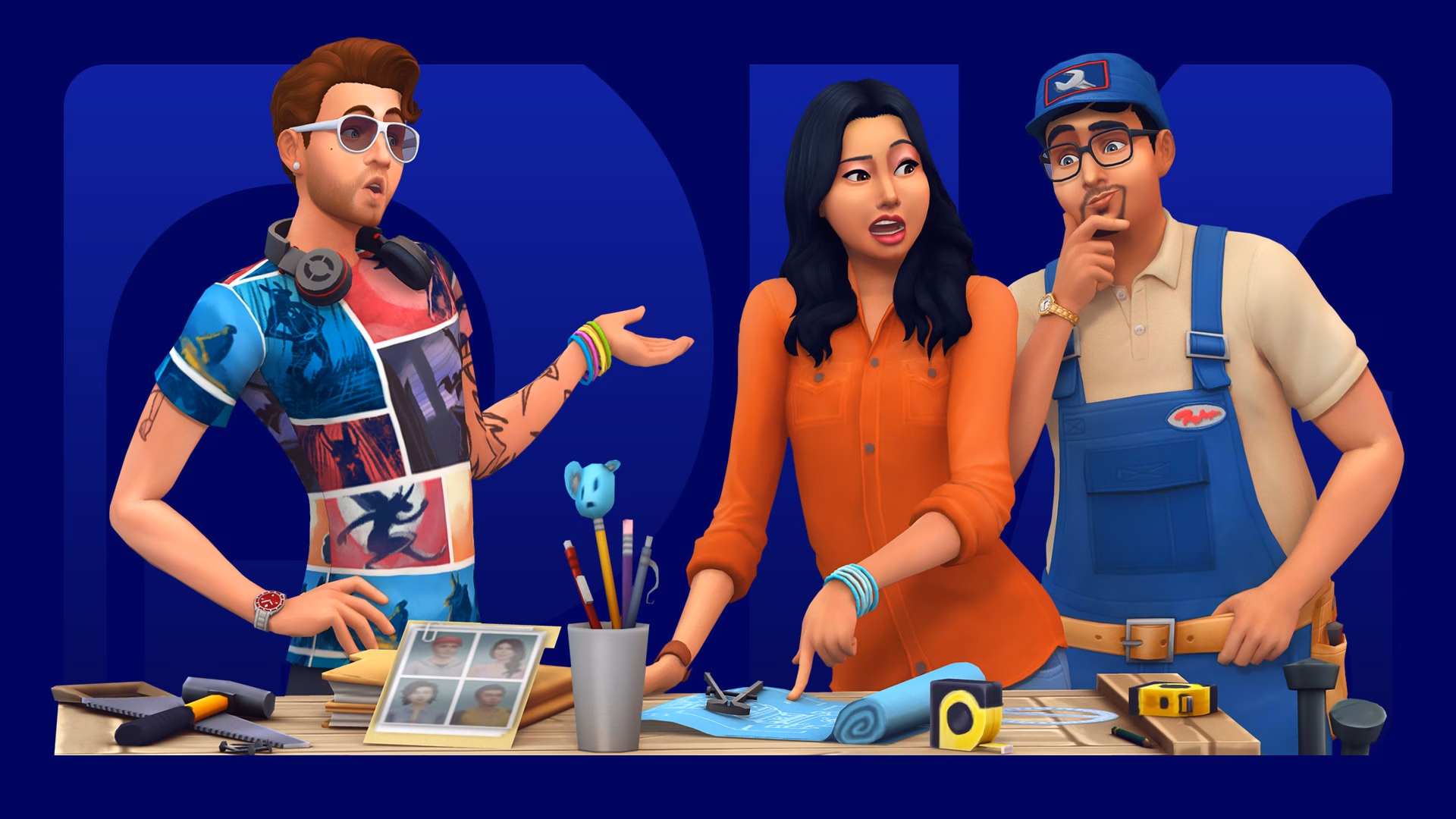 ซิมสามคนยืนคุยกันรอบโต๊ะช่าง ภาพหัวข้อ Laundry List ของ The Sims 4