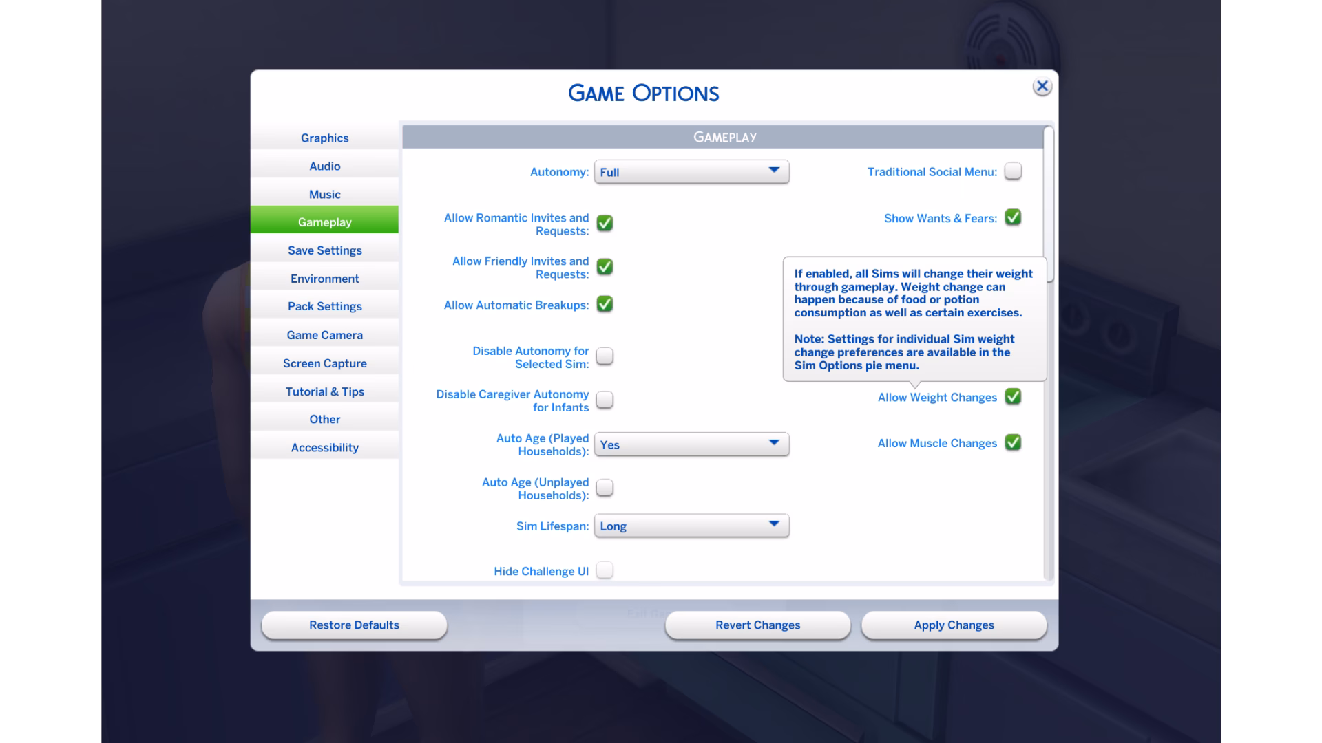 หน้า Game Options ของ The Sims 4 ที่มีตัวเลือก Allow Weight Changes และ Allow Muscle Changes
