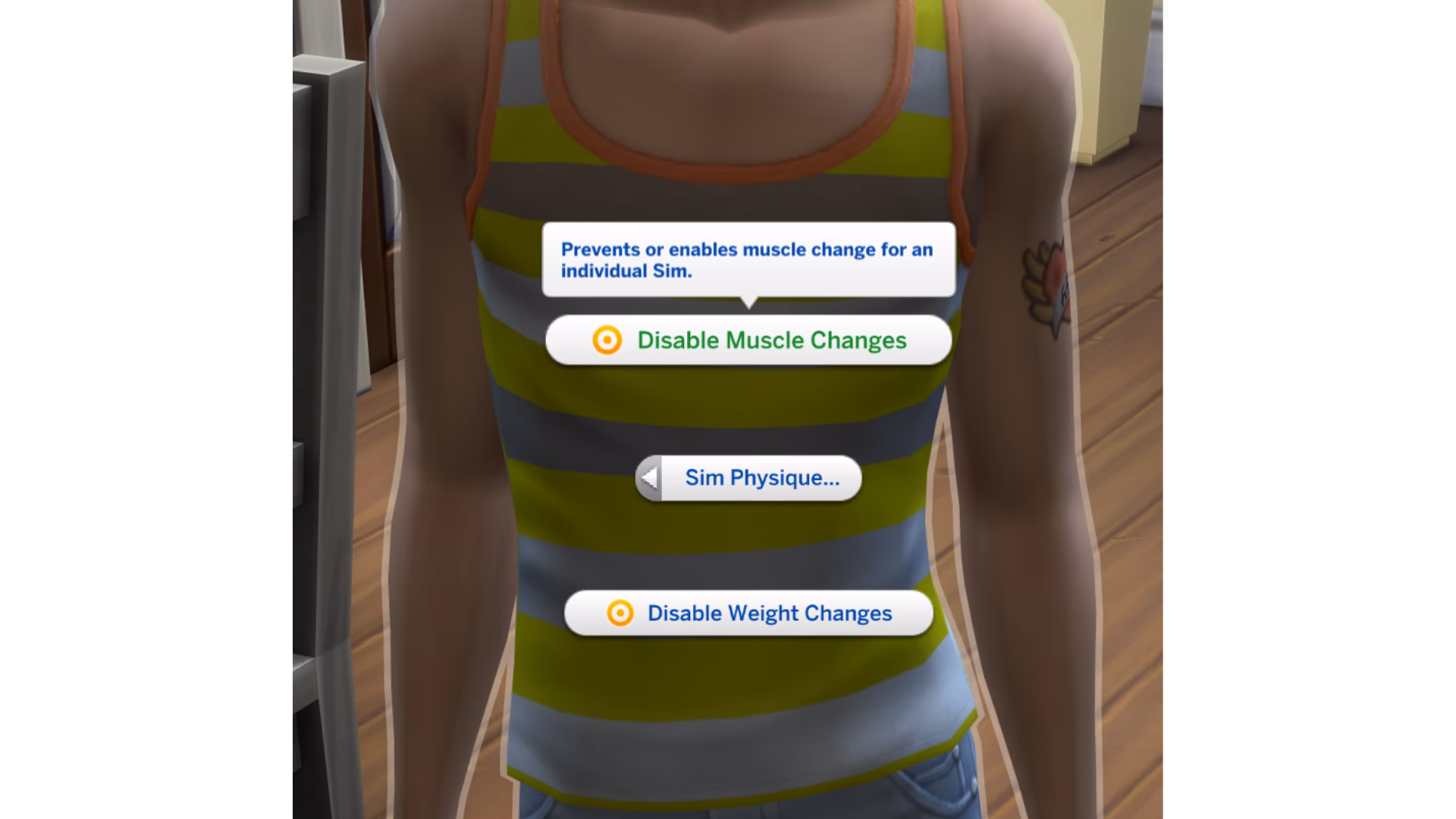 คำสั่ง Disable Muscle Changes และ Disable Weight Changes บนตัวซิม
