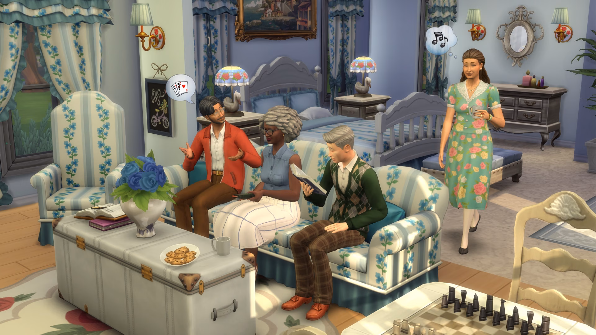 ห้องนั่งเล่นตกแต่งด้วยเฟอร์นิเจอร์ฟรีสำหรับซิมผู้สูงวัยจากอัปเดต The Sims 4 เดือนตุลาคม 2026