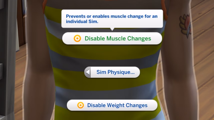 คำสั่ง Disable Muscle Changes และ Disable Weight Changes ในเมนู Sim Physique บนตัวซิม
